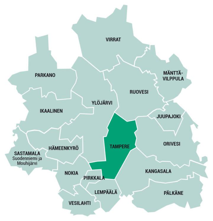 Kuntakartta Hämeenkyrö, Ikaalinen, Juupajoki, Kangasala, Lempäälä, Mänttä-Vilppula, Nokia, Orivesi, Parkano, Pirkkala, Pälkäne, Ruovesi, Sastamala (Mouhijärvi ja Suodenniemi), Tampere, Vesilahti, Virrat ja Ylöjärvi.