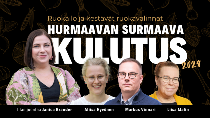 Hurmaavan surmaava 2024 -tapahtuman mainos, jossa on puhujien kuvat. Tiedot kerrotaan tekstissä.