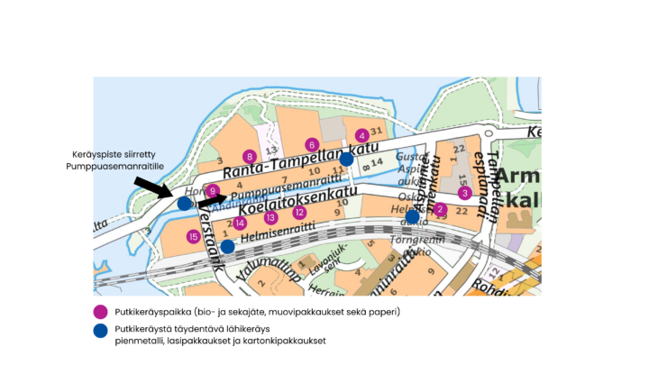 Kartta, jossa Ranta-Tampellan putkikeräysalueen keräyspaikat ja täydentävät lähikeräyspisteet